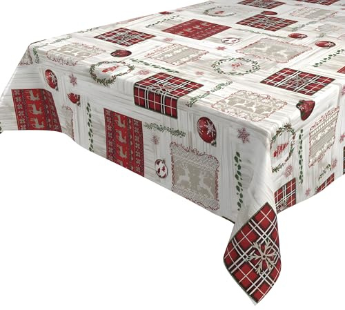 Wachstuchtischdecke abwischbar Tischdecke RUND ECKIG, Weihnachten Motiv und Größe wählbar (Eckig 100x140 cm, Strickmuster Rot-Beige)