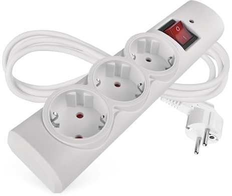 EMOS - Überspannungsschutz-Steckdosenleiste mit LED-Anzeige, 3fach, 1,5m Kabel - 3 Schuko-Steckdosen 45° gedreht, Schalter, erhöhter Berührungsschutz - max. Last 2300W / 10A - PVC für Innen - weiß