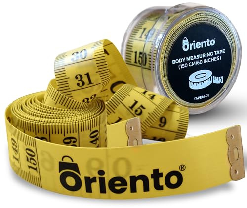 Oriento Maßband für Körper 150 cm/60 Zoll – Doppelseitiges Flexibles Körper Maßband zum Nähen, Basteln und für Gewichtsabnahme – Gelb cm+inches