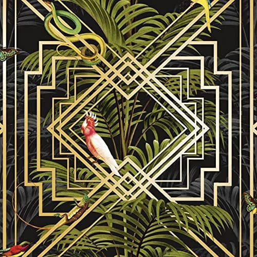 Holden Decor Papier peint motif oiseaux tropicaux palmiers noir métallisé doré vert Congo