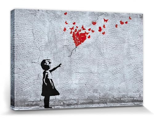 1art1 Mädchen Poster Mädchen Mit Luftballon Und Schmetterlingen, Banksy-Style Bilder Leinwand-Bild Auf Keilrahmen | XXL-Wandbild Poster Kunstdruck Als Leinwandbild 30x20 cm