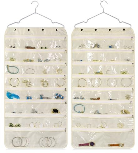 Flexzion Hanging Jewelry Organizer with Zippered Pockets - (1 Pack) Beige Closet Jewelry Organizer Storage with Hanger, 56 Pockets Dual Sided Earring Organizer Hanging for Bracelet, Watches, Ring