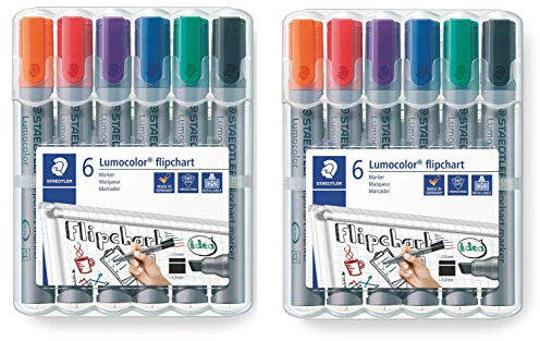 STAEDTLER Lumocolor 356 B WP6 Flipchart-Marker, Keilspitze ca. 2 oder 5 mm Linienbreite, Set mit 6 Farben, (6er Etui (2x))