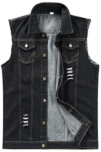 YOUTHUP Mens Ripped Denim Gilet Casual Vintage Biker Waistcoat Cowboy Sleeveless Vest Jacket, #813 Black, XXL