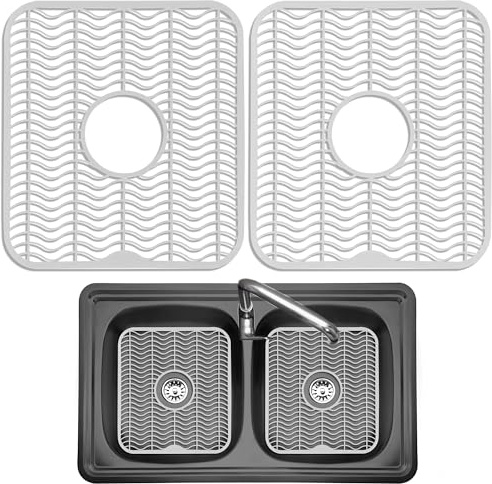 DecorRack 2 Sink Protectors for Kitchen Sink, Plastic 12 x 11 Dish Rack, Protect Sink from Stains, Damage, Scratches, Dishwasher Safe Grid Mat for Kitchen (2 Pack, White)