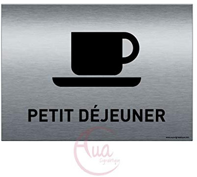 AUA SIGNALETIQUE - Plaque de porte Aluminium brossé imprimé AluSign - 210x150 mm - Double Face adhésif au dos (Petit déjeuner)