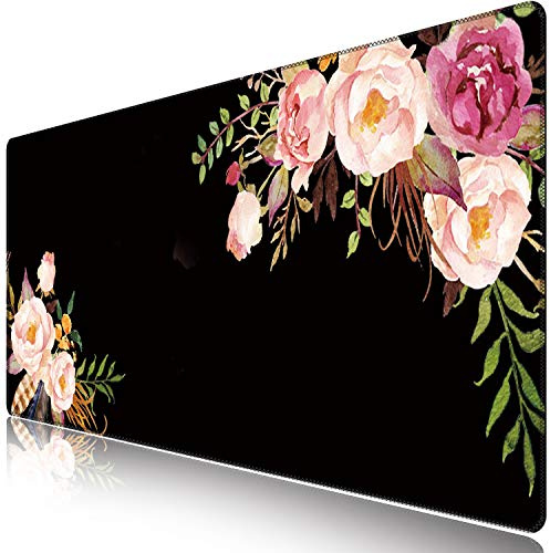 iCasso Extended Gaming Mouse Pad (35.4x15.7 in), Large Non-Slip Rubber Base Mousepad with Stitched Edges, Waterproof Keyboard Mouse Mat Desk Pad for Work, Game, Office, Home -Flower