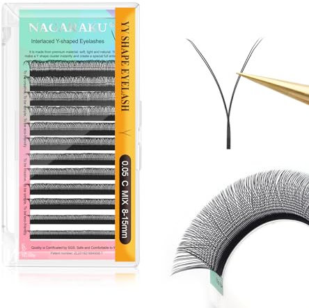 NAGARAKU YY Cils Extension 4D Y Lash Tissés en Croix à la Main Bouquet de Cils Volume Russe Faux Cils Naturel Premade Fans Préfait Ventilateur Wispies Cluster Eyelash Noir 12 Rows (0.05 C 8-15mm)