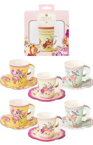 Talking Tables Lot de 24 Gobelets Jetables et Soucoupes, Vaisselle Jetable Fleurie Vintage - Gobelets Carton Anniversaire, Goûter, Garden Party, Baby Shower, Mariage - Gobelet Café