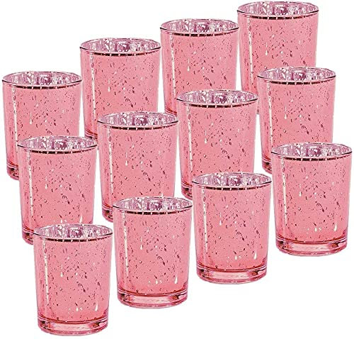 Set of 12 Mercury Glass Silver Tea Light Holders Candle Votive Wedding Decoration 6.7 CM H (Rose Gold)