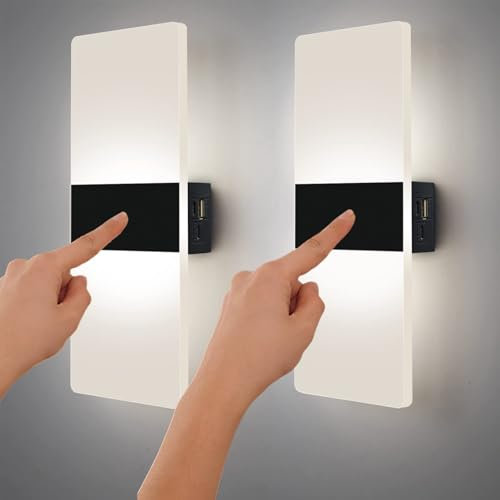 VOMI Applique Murale LED Interieur avec Interrupteur, Lampe Murale à Piles Sans Fil USB Rechargeable Lampe Magnétique Noir Éclairage Mural, Contrôle Tactile 3 Luminosité Réglable, Blanc Froid 6000K