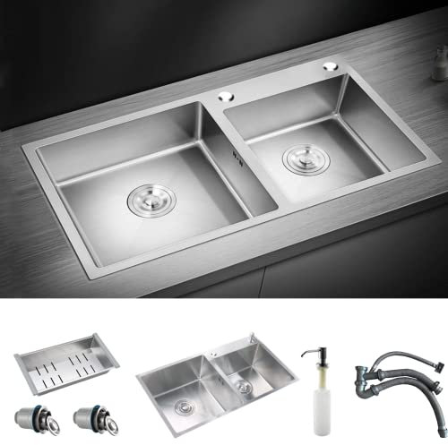 HaTur Fregadero de Cocina de Acero Inoxidable Hecho a Mano Fregadero dos Senos Kit de Fregadero, 78 * 43 * 20cm (Plata)