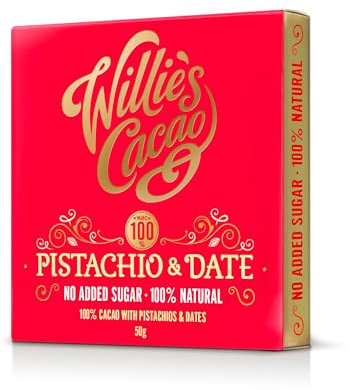 Willie's Cacao - 100% Cocoa with Pistachio & Date - No Added Sugar Chocolate bar - 50g x 12 - Naturally sweetened with fruit and nuts - Vegan - Artisan made