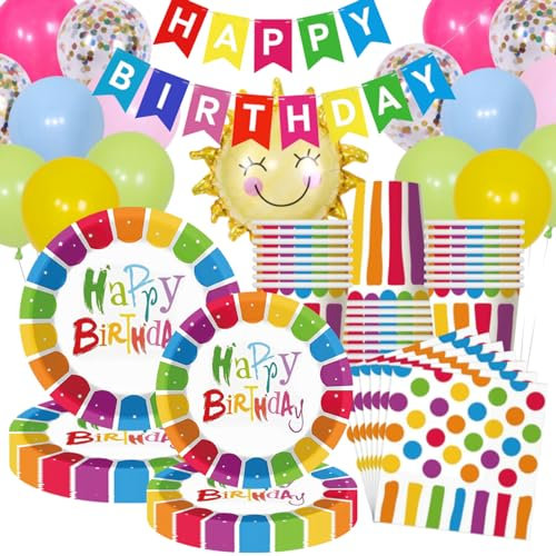 Rainbow Set di Stoviglie Piatti per Compleanno, Arcobaleno Bicchieri e Tovaglioli di Carta con Palloncino, Feste di Compleanno per Wild One Decorazione di Compleanno Baby Shower Ragazzo Ragazza