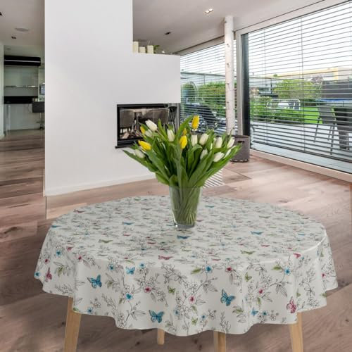 laro runde 140 cm wachstuchtischdecke wachstischdecke abwashbar PVC tischdecke Wachstuch wasserabweisend Garten tischdecke, Muster:Blume Bunt Schmetterling