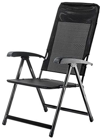 KADAX Gartenstuhl, Hochlehner aus Stahl, Klappstuhl mit Armlehnen, Klappsessel mit Traglast bis 110kg, Liegestuhl mit Verstellbarer Lehne, Balkonstuhl für Camping (Schwarz)