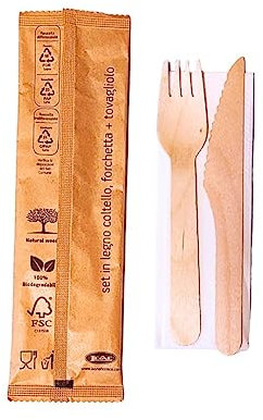 Bis Posate Monouso in Legno Imbustate Usa e Getta 16 cm - 48 Pezzi - Biodegradabili Naturali Forchetta Coltello Tovagliolo doppio velo 30x30 cm