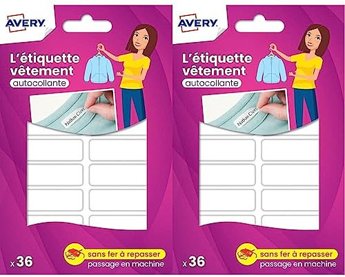 AVERY - 36 étiquettes vierges autocollantes inscriptibles pour vêtements. Couleur blanche. Format 4.5 x 1.3 cm (Lot de 2)