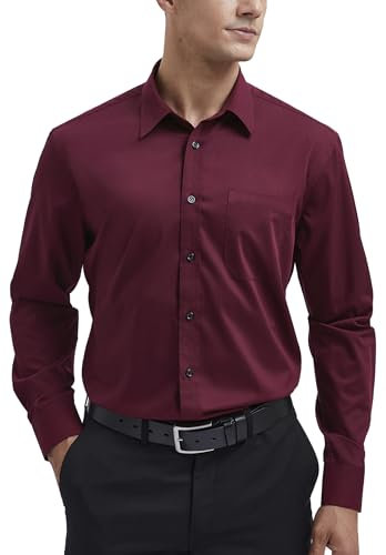 HISDERN Men's Long Sleeve Burgundy Shirt Business Bamboo Fiber Dress Shirt Regular Fit Non Iron Shirt with Pocket,4XL