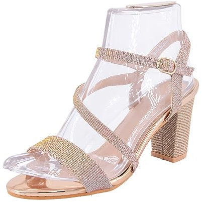 Queentina Damen Sandalen Riemchen Glitzer Absatz High Heels Sandaletten Tanzschuhe B8022 Champagner 39