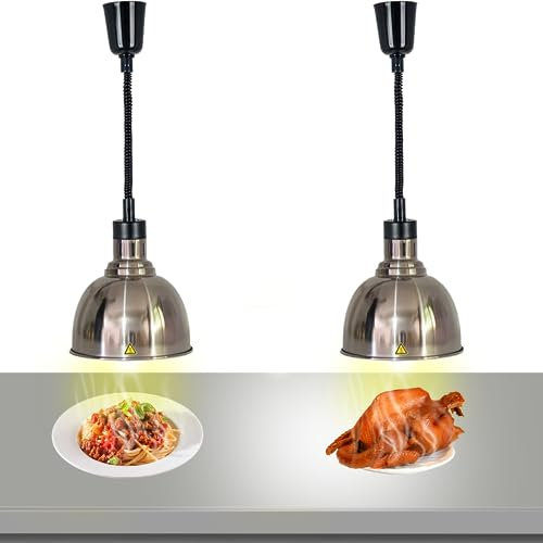 VFDZ Lámpara de Calor de Alimentos, Lámparas de Calentamiento de Alimentos Retráctil 250W, Lampara de Calor para Alimentos Colgar para Cocina y Comedor Buffet(Acero Inoxidable, 2 Piezas)