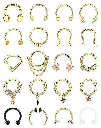Adramata 20 Pcs 16G Septum Piercing Chirurgenstahl Nasenring Piercing Set Clicker Septum Ringe CZ Tragus Piercing Conch Helix Piercing Ohr Gold Silber Nasenpiercing Ring Septum Piercing Schmuck