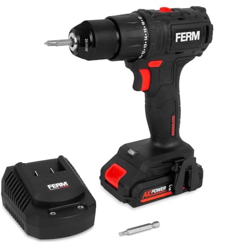 FERM CDM1167 Trapano Avvitatore Brushless 20V – 50 Nm, 2 Velocità, Mandrino in Metallo 10 mm, LED, Soft Grip – Batteria 2.0Ah + Caricatore Rapido + Valigetta – AX/FX Power