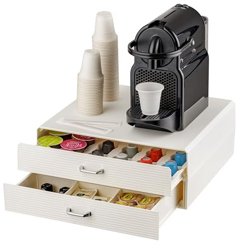 Baroni Home Cajón Porta Cápsulas de Café, Organizador Universal para 30 Cápsulas Nespresso y Dolce Gusto y para Accesorios y Té, Compacto en Plástico Resistente, 2 Cajones, 34x13x34 cm, Blanco