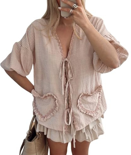 PDYLZWZY Chemise à manches bouffantes pour femme - Motif à carreaux - Lacets à l'avant - Manches 3/4 - Lacets - Cœur brodé - Chemisiers avec poches