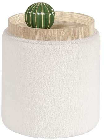 Bonlife Round Ottoman Coffee Table with Storage,Boucle Vanity Stool Chair for Makeup,Upholstered Footstool for Living Room,Bedroom,White,34x34x38cm