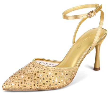 PIZZ ANNU Cienna Escarpins à talons hauts sexy à bout fermé en maille avec strass scintillants et sangle de cheville pour robe de fête de mariage