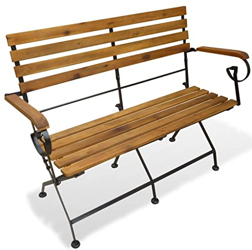 Makastle Gartenbank Klappbar Metall Sitzbank mit Rückenlehne & Armlehne, Parkbank Ruhebank Balkonbank für Garten, 112 cm Massivholz Akazie