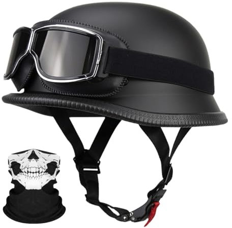 RQTEUYE Deutsche Motorrad Jethelm ECE-Zertifizierung, Vintage Halbhelme Halbschalenhelm mit Schutzbrille Chopper Helm für Cruiser Street Scooter mit Schnellverschlussschnallen 22.4-25.2in