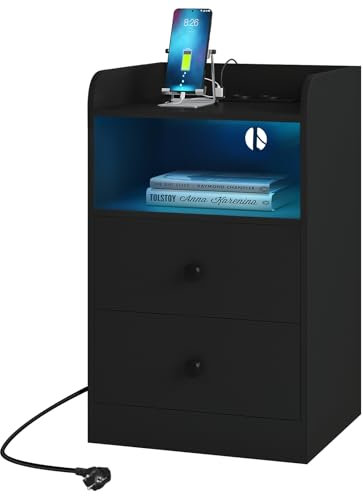 WOLTU Nachttisch mit Steckdose, Nachtschrank mit LED-Beleuchtung, schwarz, 2 Schubladen und 1 offenem Fach, 40 x 35 x 64 cm, geeignet für Schlafzimmer, Wohnzimmer oder Büro, moderner Stil, NTS07sz