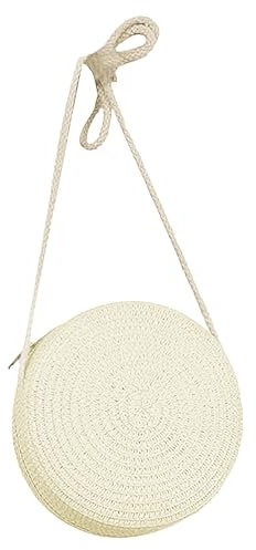 Jamron Handgefertigte Rund Strohtasche Crossbody Umhängetasche Böhmische Strandtasche mit Reißverschluss SN0702152 Mittel Weiß