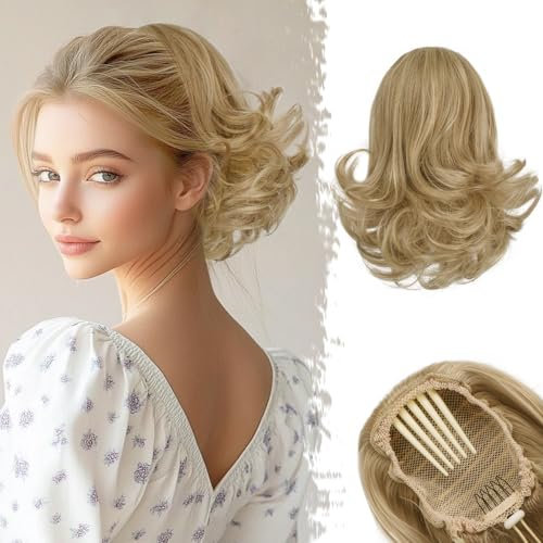 BARSDAR Kurzes Pferdeschwanz Haarteil mit Kordelzug, 25cm Wellige Pferdeschwanz Zopf Extensions für Damen Synthetisch Comb Clip in Ponytail Extension Haarteile - Goldene Blond mit Highlights