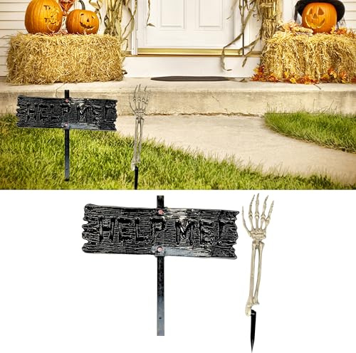 ADEPTNA Halloween Yard Sign Decoration with Skeleton Hand Stake – Spooky Help Me! Graveyard Outdoor Prop for Halloween Parties, Haunted Houses, Lawn, Garden, and Front Porch Decor–Weather-Resistant