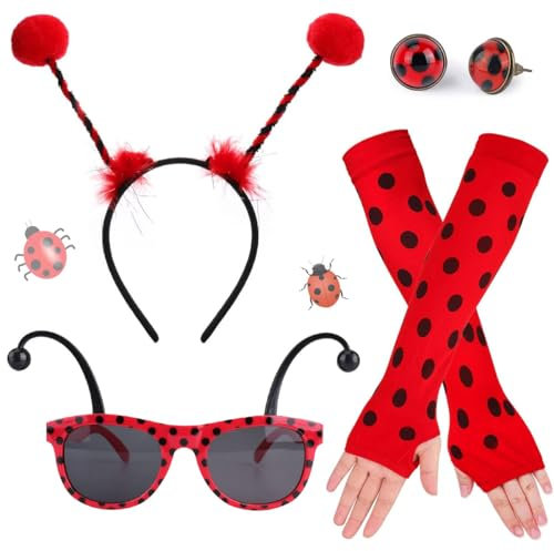 4stk Marienkäfer Kostüm Set, Marienkäfer Kostüm für Kinder Mädchen Erwachsen Enthalten Antenne Stirnband Brille Lange Handschuhe Ohrringe, Marienkäfer Costume Accessories für Karneval Themen Party