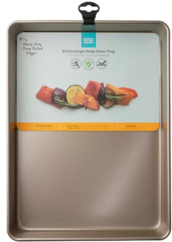 Extra Large Oven Tray with Rolled Edges - Gold, Non-Stick Heavy Gauge 0.8mm Carbon Steel, LFGB Certified & 20 Year Guarantee. Perfect for Baking & Roasting. Easy-Clean, Durable & Safe