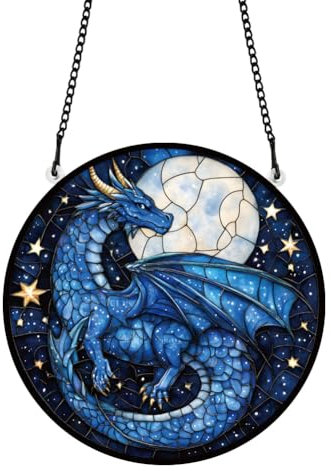 PLIGREAT Dragon Pattern Stained Suncatcher Window Wall Art Hanging Ornament Painted Cool Blue Western Dragon Acrylic Panel Crafts for Garden Bedroom Home Indoor Outdoor Hanging Decor Women Men Gift