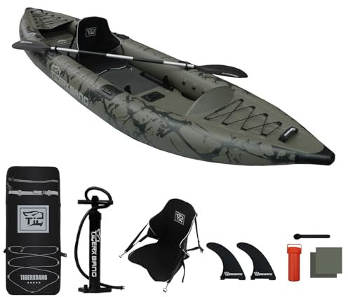 TIGERXBANG Aufblasbares Kayak mit abnehmbarem Sitz,386x102x27cm SUP-Kajak Set (Handpumpe/Aluminium Paddel/Rucksack/und Multifunktionsbasis),Erwachsenen/Kinder Kajak Boot für Angeln ，Touring