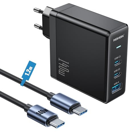 NOHON 140W Cargador USB C Rápido Adaptador: PD 3.0 GAN Fuente de Alimentación con 140W 1,2 M Cable Tipo C Carga Rápida, 3 Puertos Compatible con iPhone 12 13 14 15 16 MacBook iPad Laptop Samsung S24