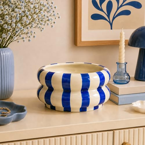 matches21 HOME & HOBBY Dekoschale bunt gestreift, blau weiß in Ø 15 x 8 cm - Moderne Keramik Schüssel als Wohnzimmerdeko