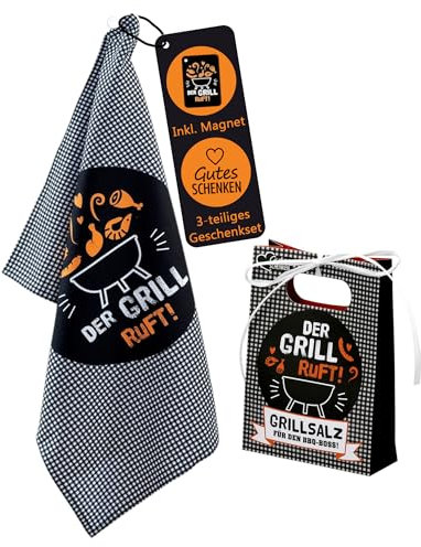 CULT at home 3-teiliges Geschenkset Grill Geschenke – Geschirrtuch Spruch 50 x 65 cm, Kühlschrankmagnet und Grillsalz Gewürzmischung – Geschenke für Männer Vatertagsgeschenk