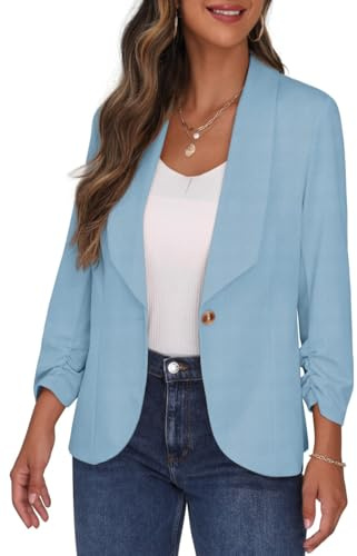 PrinStory Blazer para mujer, cuello de solapa, mangas fruncidas 3/4, chaqueta de traje de un botón, chaqueta corta para oficina, uso casual
