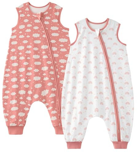 Unnivoll Baby Schlafsack mit Füßen 1,0 Tog Schlafsack Baby Sommer 2er Pack Baumwolle Schlafsack mit Beinen Babyschlafsack Weich 70 cm für Jungen Mädchen Rosa Wolke