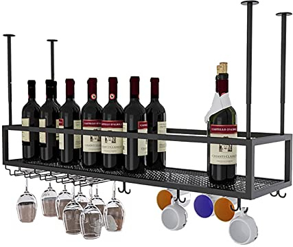 ZXFDMSWJ Bar Unit Floating Shelves Ceiling Hanging Wine Rack Wine Bottle Holder Metal Champagne Glass Goblet Stemware Racks for Restaurant Kitchen/140X25X21Cm
