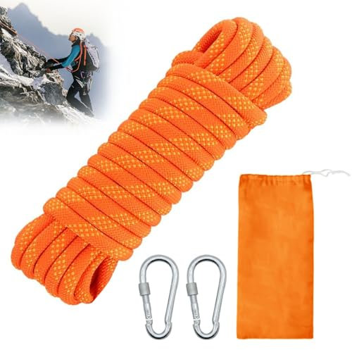 Climbing Rope, 10mm x 10m Multifunctional Cord Safety Rope, Outdoor Rope with 2 Carabiner and Pouch, Static Climbing Rope, Safety Rope for Tree Climbing Hiking Camping Rescue Emergency Escape