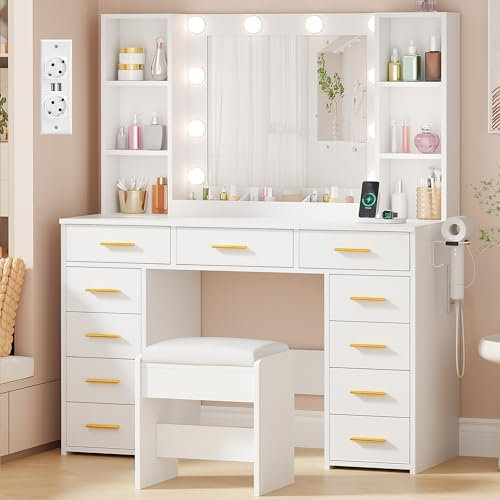ANWBROAD 110cm Toeletta da Trucco con Specchio Luci e Presa,Luminosità Regolabile,Toeletta Trucco con Sgabello 11 Cassetti Grande Tavolo da Trucco con 6 Ripiani Aperti Postazione Trucco Bianco BDT86W