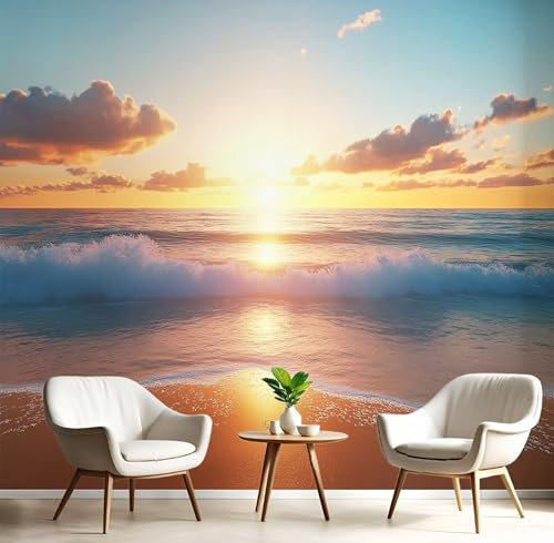 MIATCENRT Papier Peint Panoramique Océan Paysage, 350x256cm (L×H) Revêtement Murale Décoration pour Chambre Salon, Design Coucher De Soleil Plage Orange Bleu Papier Peint Tapisserie Poster Murale